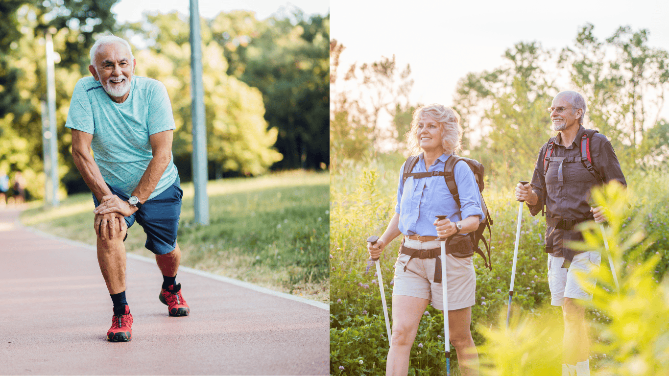 Older group being active A diverse group of adults over 45 enjoying outdoor activities, showcasing an active lifestyle despite knee pain