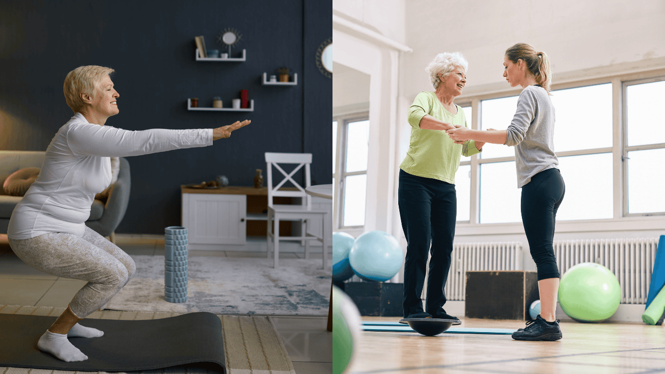 Client improving balance and coordination with therapist at home in Louisville, KY